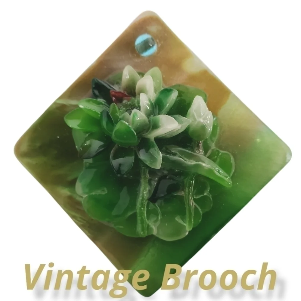 Vintage Brooch Green Floral On Mother of Pearl Look Square/ Diamond Shape